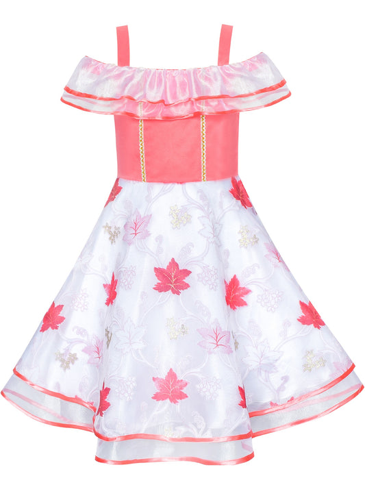 Girls Dress Cold Shoulder Sleeveless Lace Flower Ruffle Red