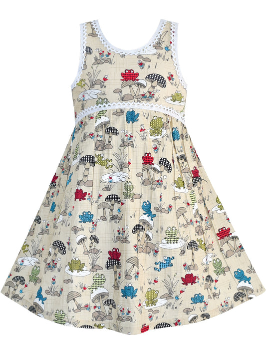 Girls Dress Sleeveless Mushrooms Frog Cotton Casual Beige