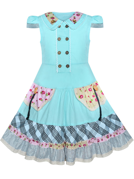 Girls Dress Blue Button Casual Short Sleeve Everyday Blue