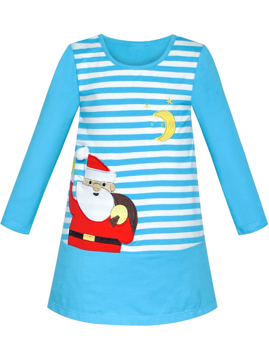 Girls Dress Christmas Santa Pink Cotton Long Sleeve Blue
