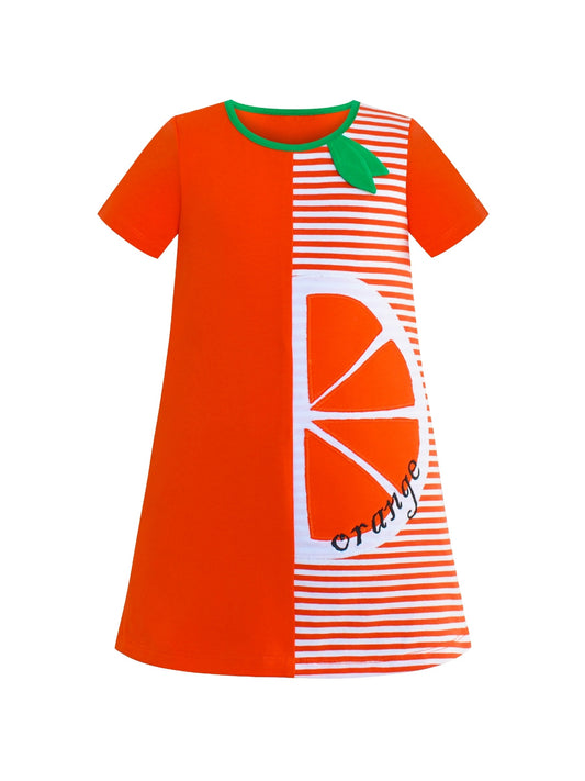 Girls Dress Cotton Green Crocodile Dinosaur Pocket Short Sleeve Orange