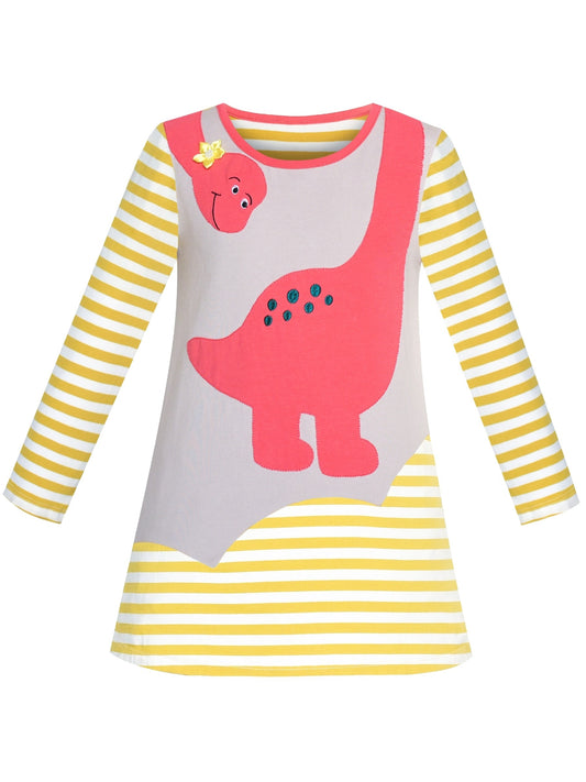 Girls Casual Dress Cotton Long Sleeve Kite Cloud Embroidered Yellow