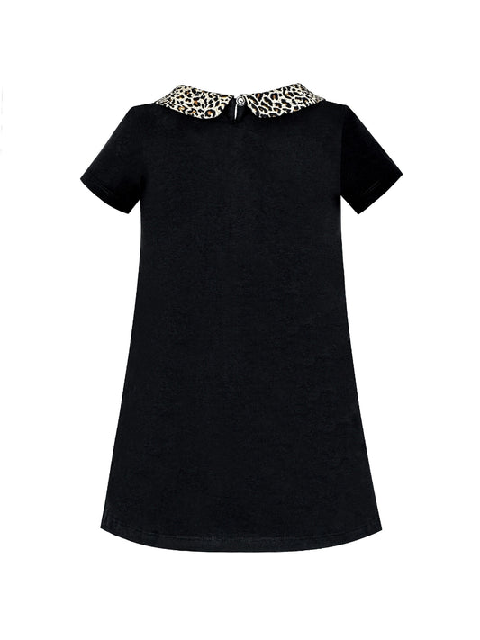Girls Dress Casual Short Sleeve Leopard Collar Heart Pocket Bag Black