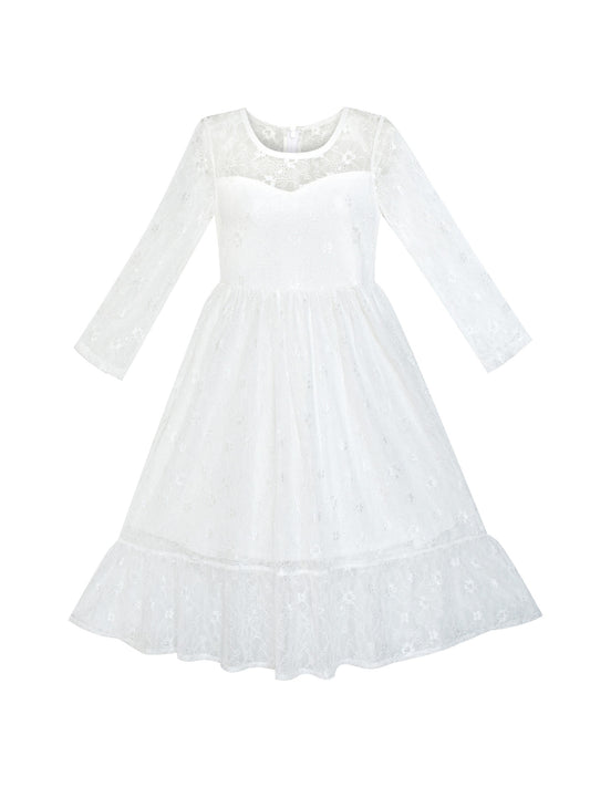 Girls Dress Lace Long Sleeve Off White Wedding Party White
