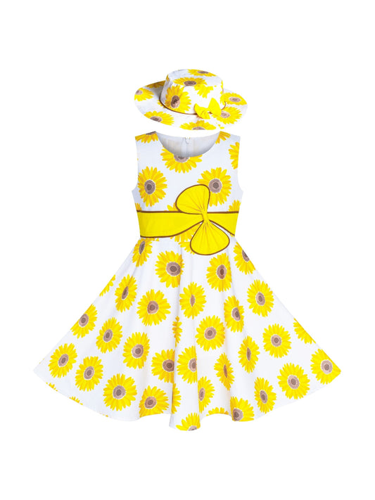 2 Pecs Girls Dress Sun Hat Bow Tie Flower Summer Beach Kids Clothing Yellow