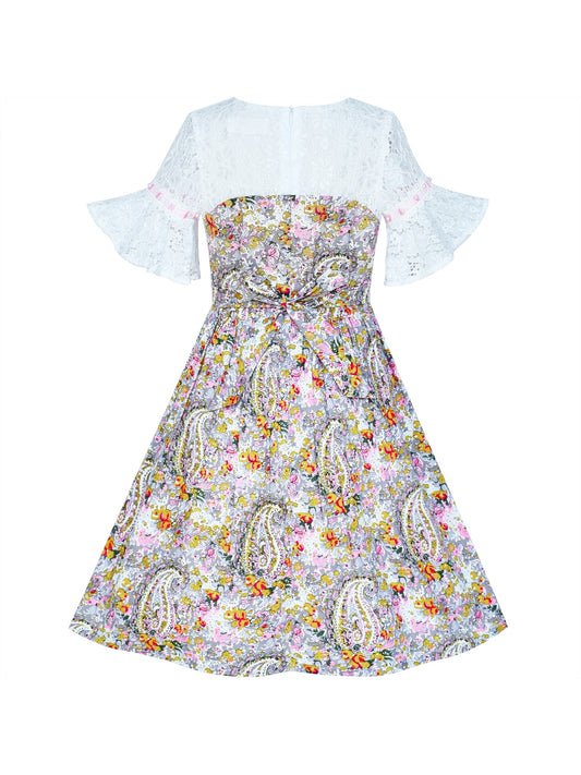 Girls Dress Lace Bell Sleeve Paisley Pattern Vintage Multi-Color