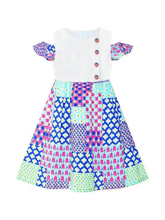 Girls Dress Button Front Cold Shoulder Cotton Casual Multi-Color