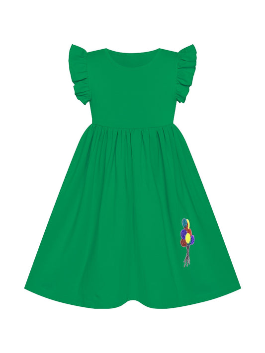 Girls Dress Deep Pink Casual Cotton Flying Sleeve Balloon Green