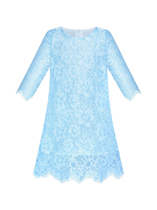 Girls Dress Lace Wave Hem Off White Elegant Party Blue