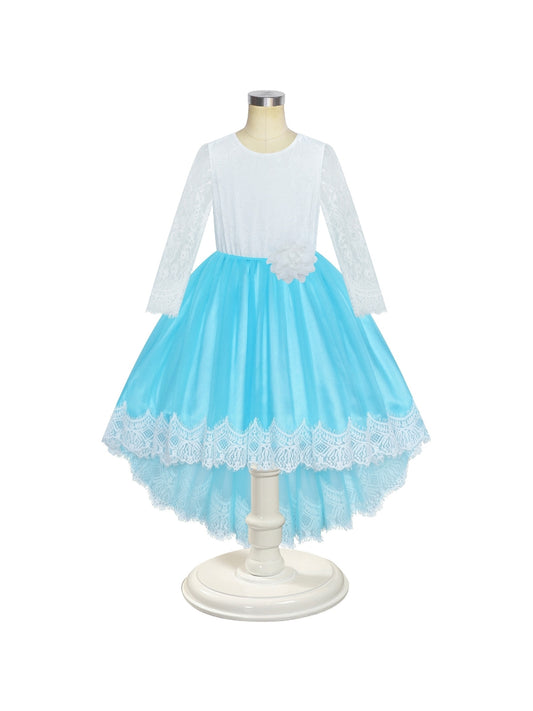 Girls Lace Dress Flower Hi-low Long Sleeve Party Wedding Blue