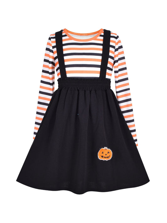 2 Pieces Set Girls Dress T-Shirt Suspender Skirt Halloween Cosplay Orange