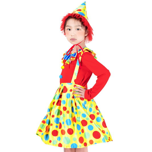 Girls Dress Set Clown Costume Hat Halloween Carnival Rose Monday Multi-Color