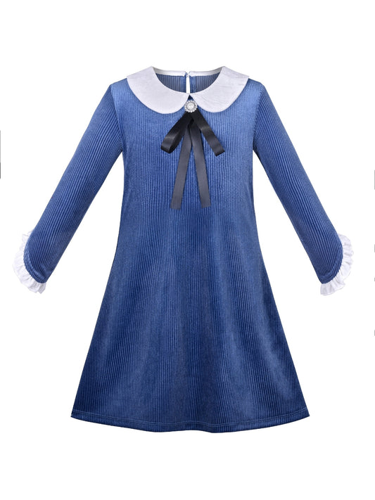 Girls Dress White Collar Velvet Ruffle Sleeve School Uniform Long Sleeve Blue