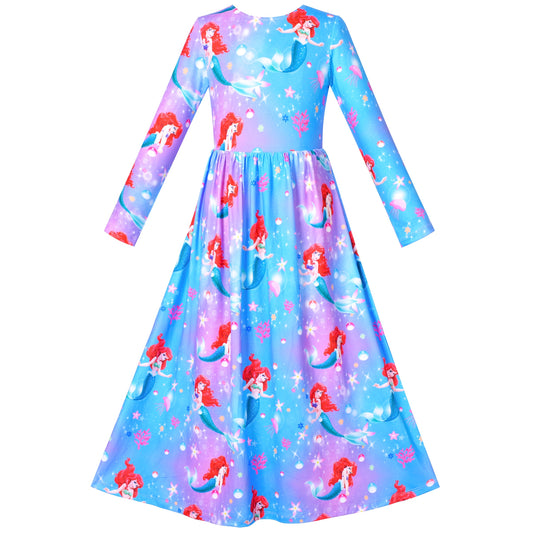 Girls Dress Floral Casual Maxi Dress Short Sleeve Open Back Blue
