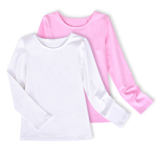 2 Packs Girls Top Tee Shirt Long Sleeve Gray Pink School Uniform Pink