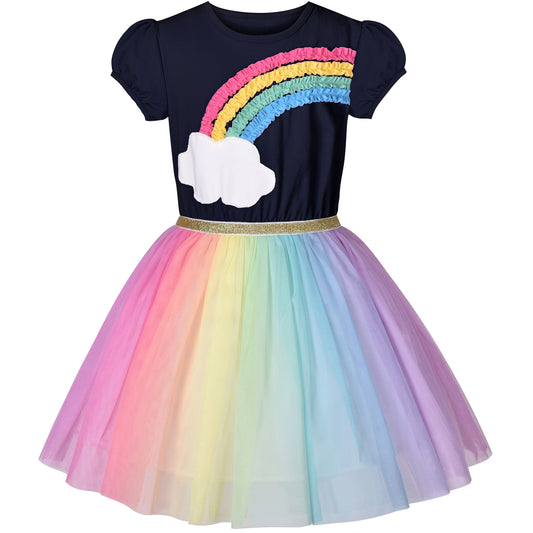Girls Dress Dancing Girl Print Tutu Short Sleeve Sundress Blue
