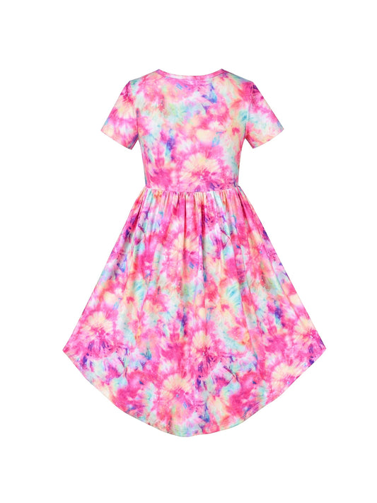 Girls Dress High-Low Fairy Hem Tie-dye Style Casual Short Sleeve Pink