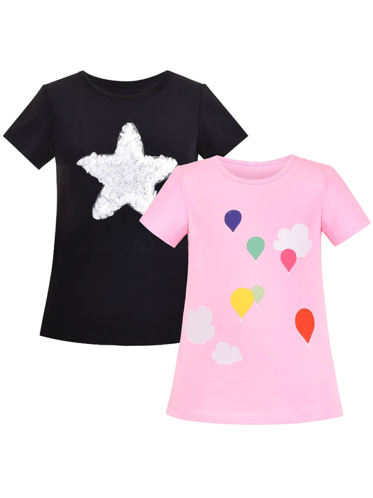 Girls Cotton T-shirt Purple Balloon Yellow Heart Graphic Short Sleeve Pink