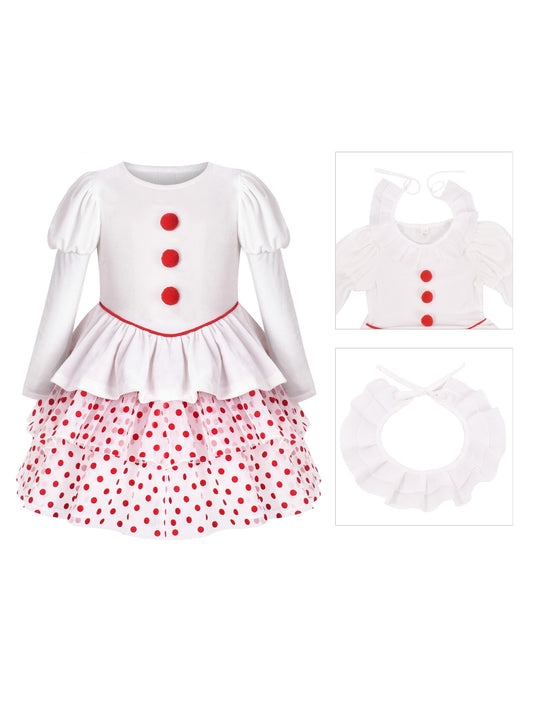 Girls Dress 2-in-1 Christmas Ruffle Polka Dot long Sleeve Clown Set White
