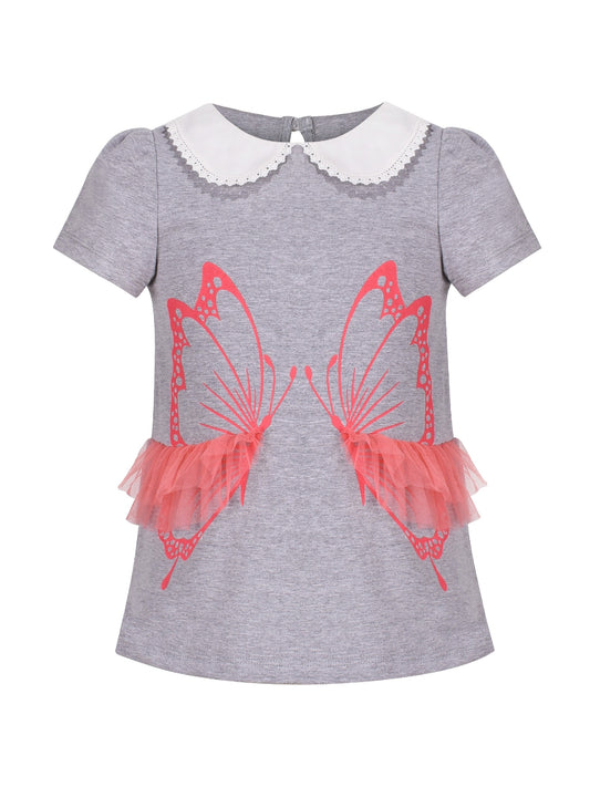Girls Short Sleeve Tee T-Shirt Gray Butterfly Collar Cotton Gray