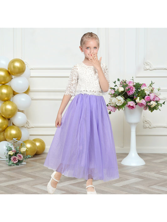 Girls Dress Pleated 2 Piece Set Lace Crop Top Rainbow Unicorn Purple