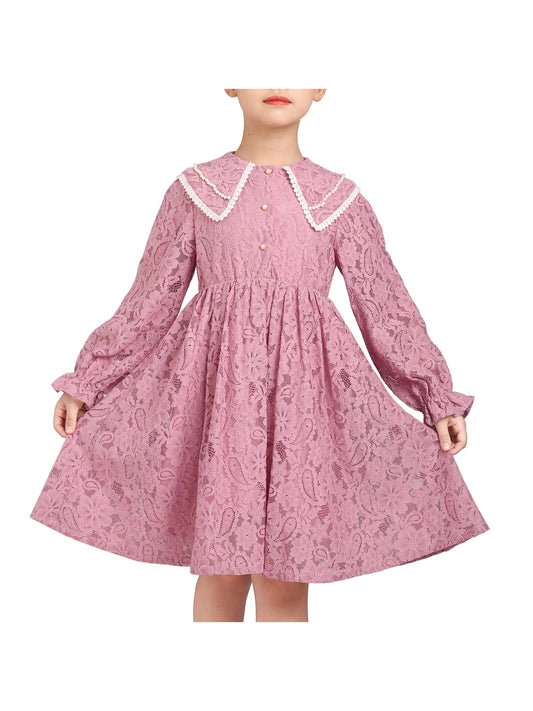 Girls Dress Flower Lace White Collar Skirt Dress Pink
