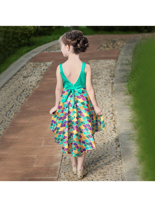Girls Dress Mermaid Sequin Fish Scale Hi-lo Skirt Pretend Ruffle Sleeveless Green