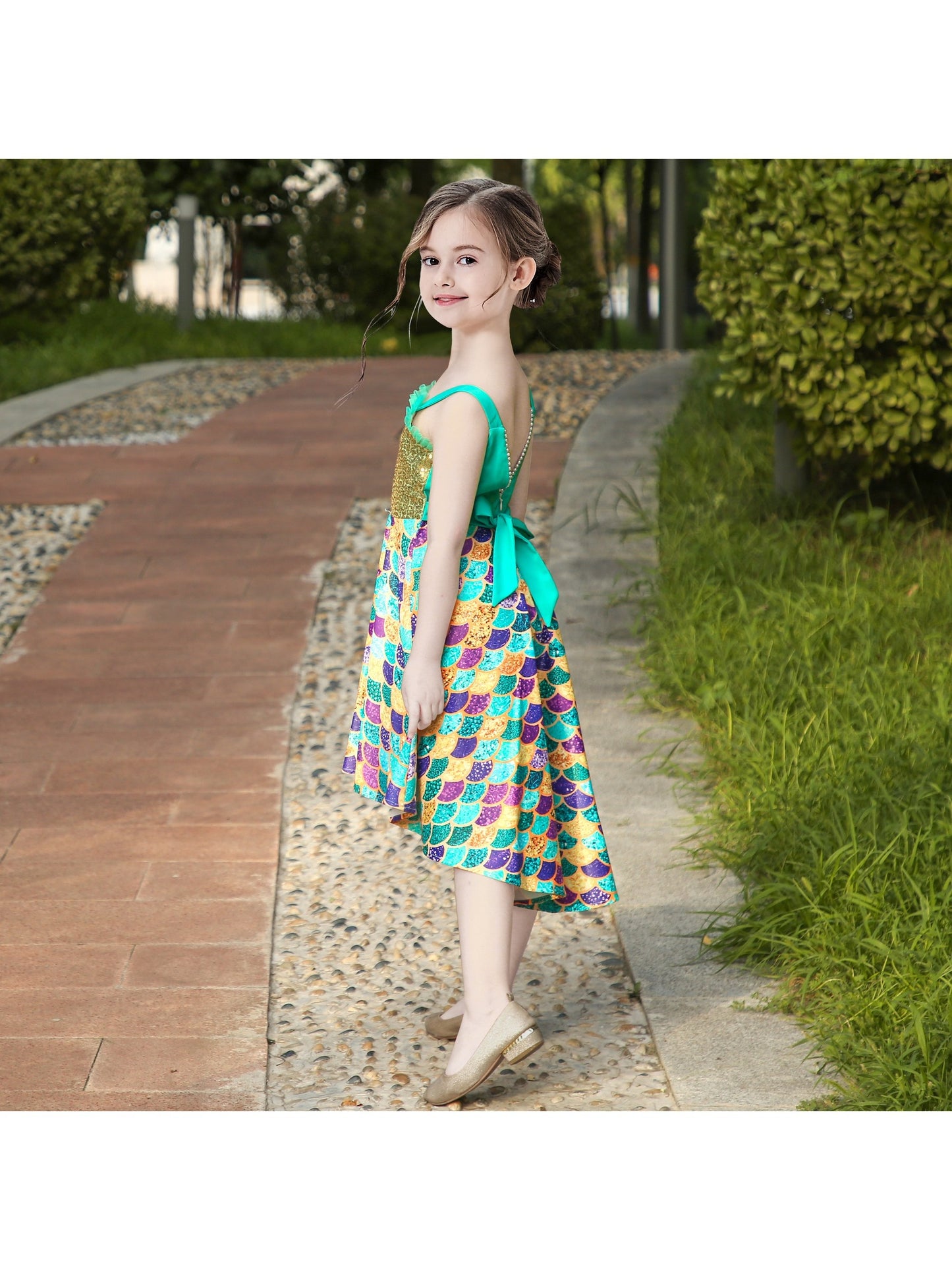 Girls Dress Mermaid Sequin Fish Scale Hi-lo Skirt Pretend Ruffle Sleeveless Green