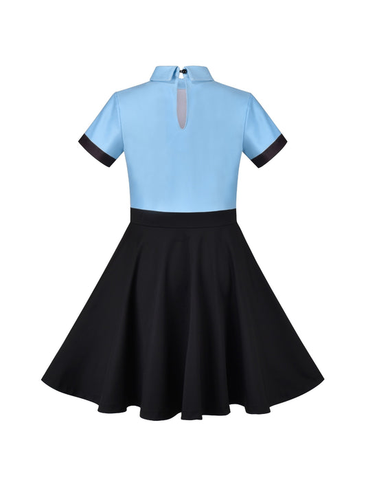 Girls Dress Halloween Pretend Police Uniform Necktie Short Sleeve Blue