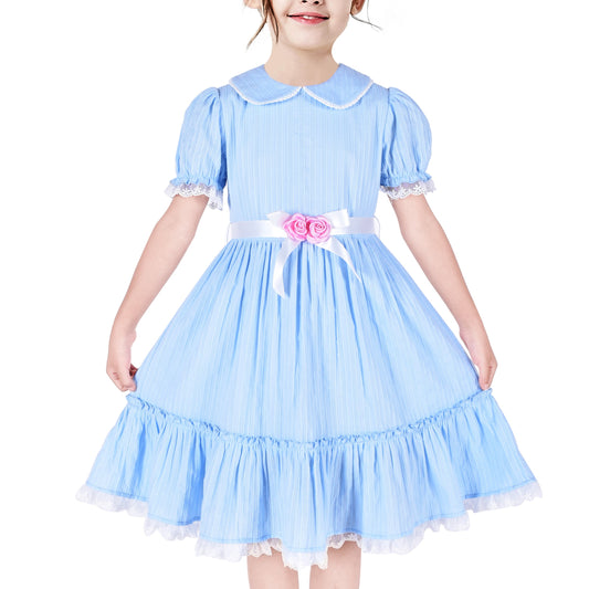 Girls Dress Red Chiffon Swiss Dot Stand Collar Ruffle Puff Short Sleeve Blue