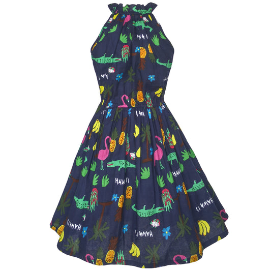 Girls Halter Dress Multicolor Floral Animal Printed Cotton Casual Blue