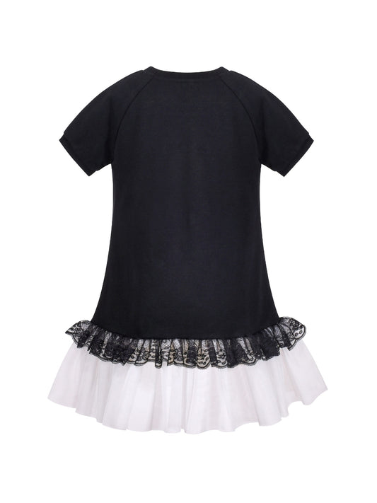Girls Short Sleeve Black Tee Dress Pearl Lace White Mini Tulle Casual Black