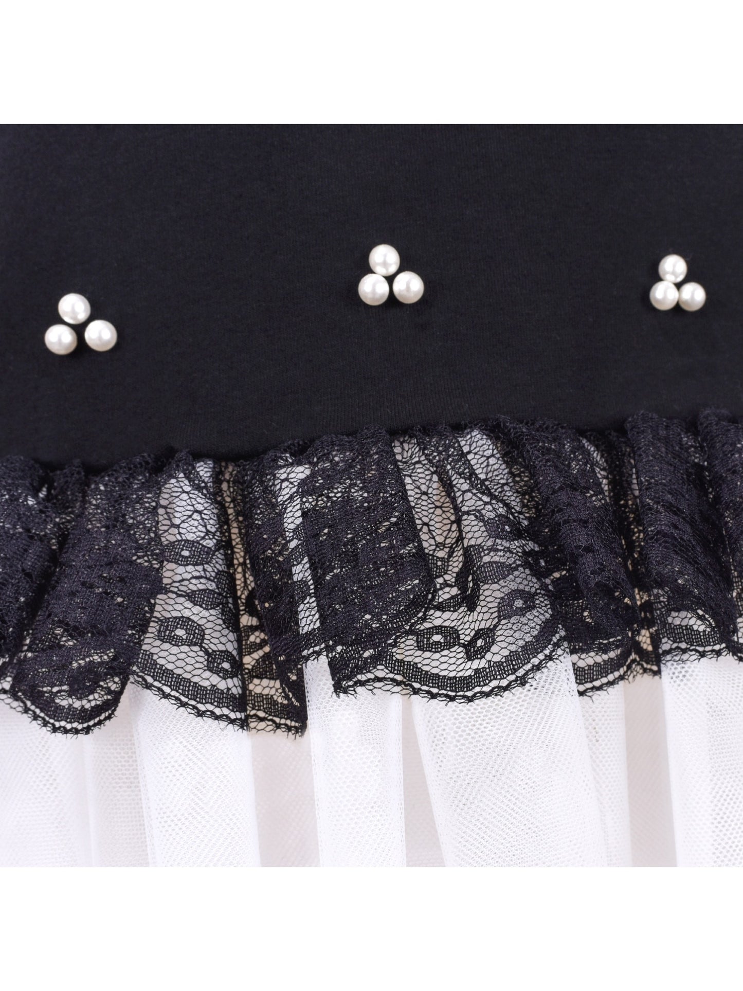 Girls Short Sleeve Black Tee Dress Pearl Lace White Mini Tulle Casual Black