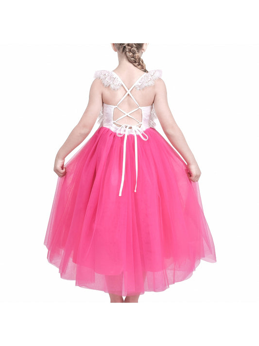 Girls Dress Rose Red Lace Tulle Hollow Elegant Party Pageant Ceremony Pink