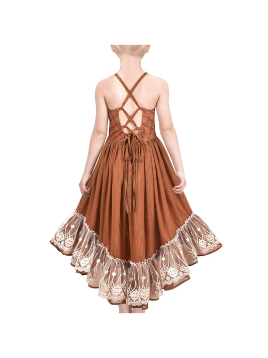 Girls Dress Floral Print Summer Sundress Sleeveless Hollow Back Brown