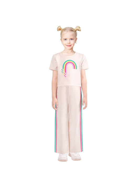 Girls 2 Piece Set Crop Top Straight Leg Pants Rib-Knit Casual Wear Beige