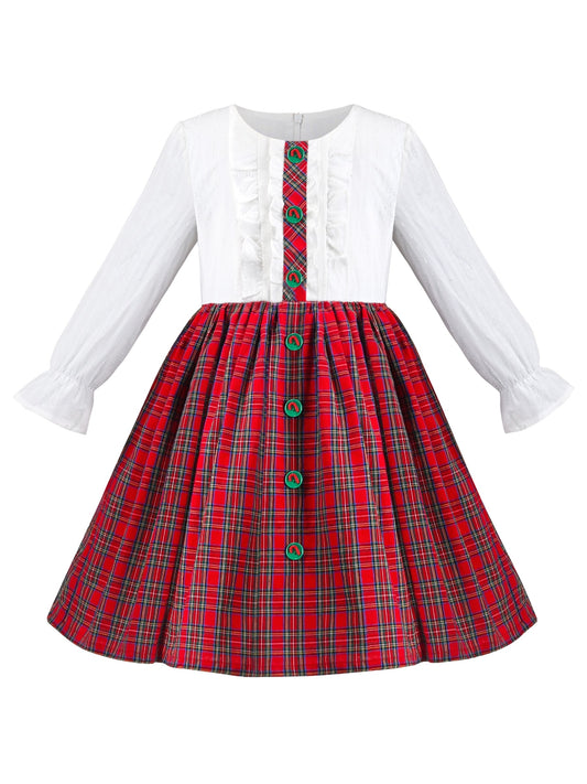 Girls Dress Red Plaid Stand Collar Vintage Pearl Button Long Sleeve Red