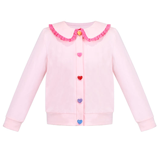 Girls Pink Top Tee Heart Button Ruffle Collar Long Sleeve Casual Pink