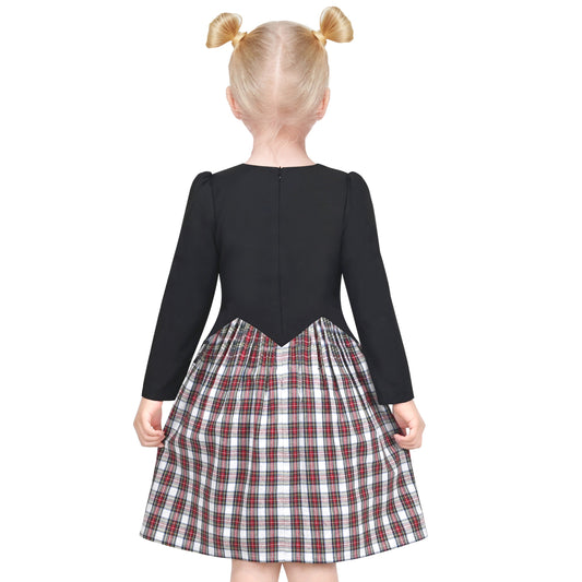 Girls Dress Black Pencil Ruler Red Check Plaid School Casual Long Sleeve Black
