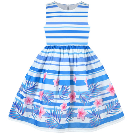 Girls Dress Black Striped Pink Flower Sundress Blue