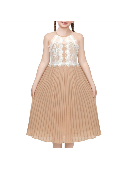 Girls Dress Coffee Halter Princess Lace Pleated Party Wedding Pageant coffee