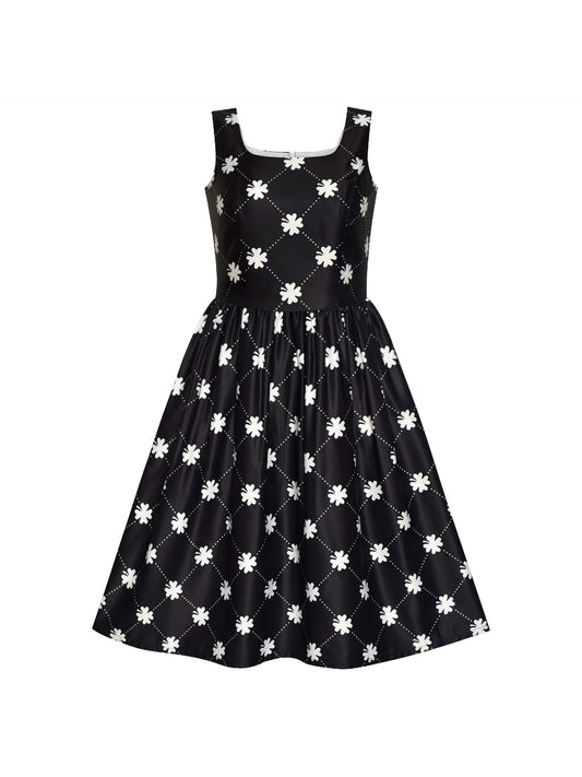 Women Clover Pattern Black Swing Casual Party Midi Tea Dress Black