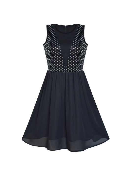 Women Sleeveless Sequin Sexy Chiffon Black Party Dress Black