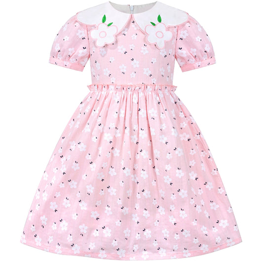 Girls Dress Floral Rose Collar Puff Sleeve Casual Summer Party Pink