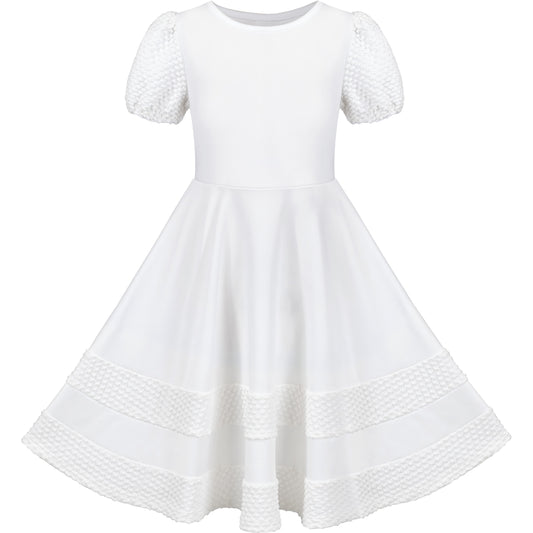 Girls Dress White Solid A-line Retro Puff Sleeve Casual Spring Summer White