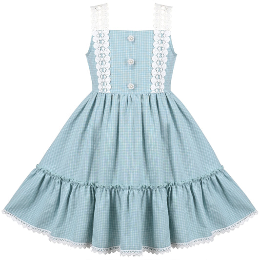 Girls Dress Blue Plaid 1950s Retro Strap Sleeveless Princess Casual Blue