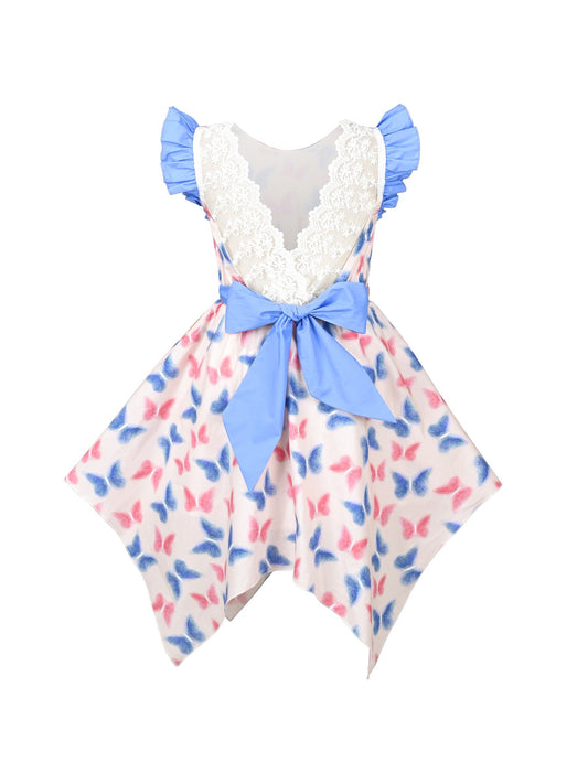 Girls Dress Butterfly Hollow Lace Bow Hanky Hem Ruffle Sleeve Sundress Blue