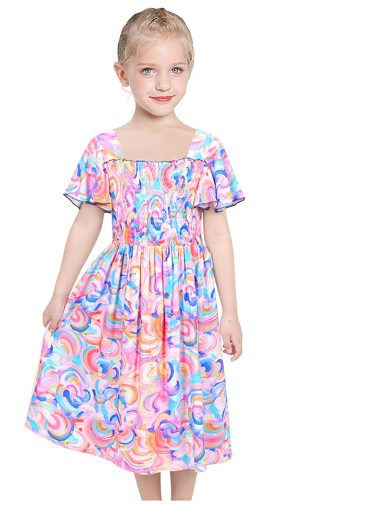 Girls Dress Rainbow Colorful Swirl Tie Dye Ruffle Square Neck Casual Blue