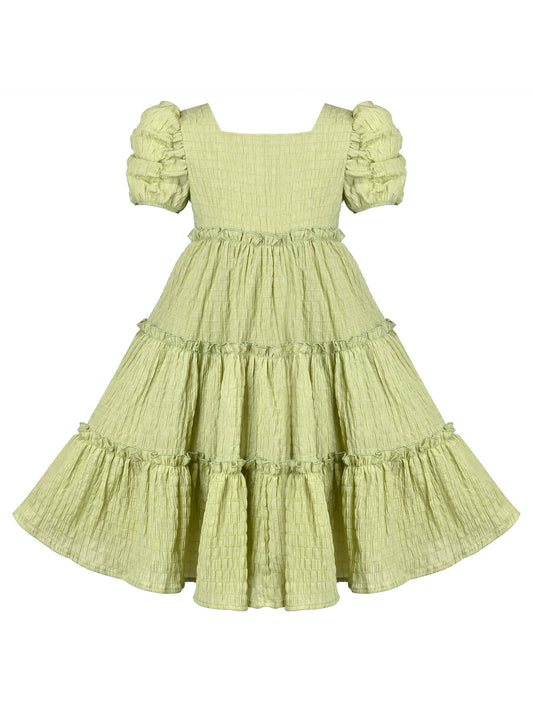 Girls Green Ruffle Layer Square Loose Fit Puff Short Sleeve Summer Casual Green