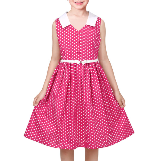 Girls Dress Pink Polka Dot Pocket Button School Summer Sleeveless Cotton Pink
